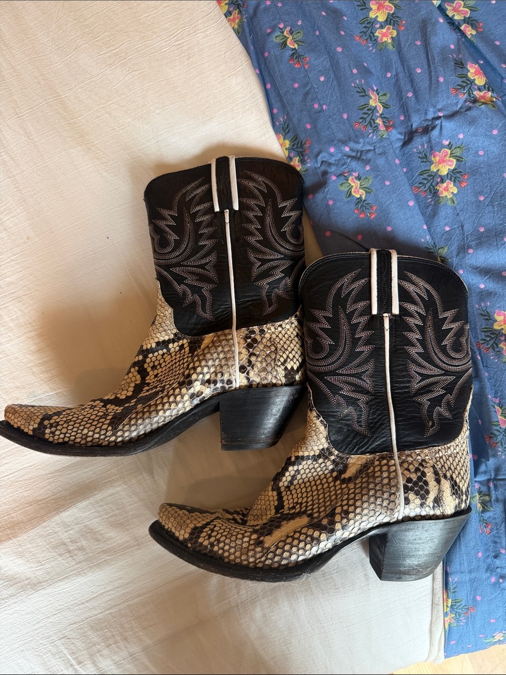 Lucchese Snakeskin Western Ankle Boots with Black Embroidered Shaft